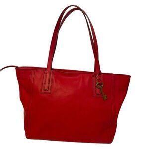 FOSSIL TOTE BAG RED LEATHER ZIP TOP 2 STRAP 1 OUTER POCKET GOLD KEY CHARM
